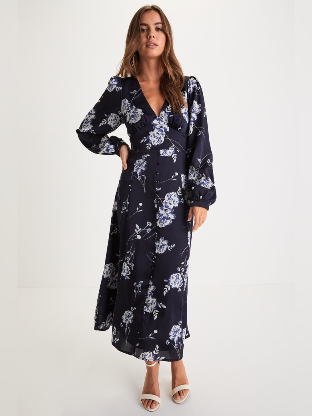 Lulus | Beautiful Details Navy Blue Floral Long Sleeve Midi Dress, M